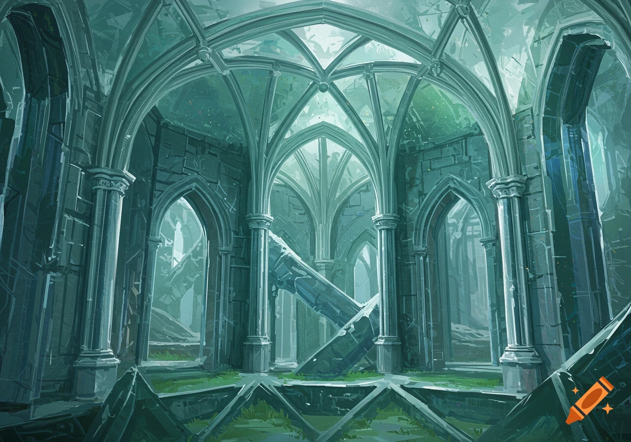 A stylized, painterly view of a vast ruined gothic interior with vaulted ceilings, arched doorways, and broken pillars overgrown with grass, in teal and green tones.