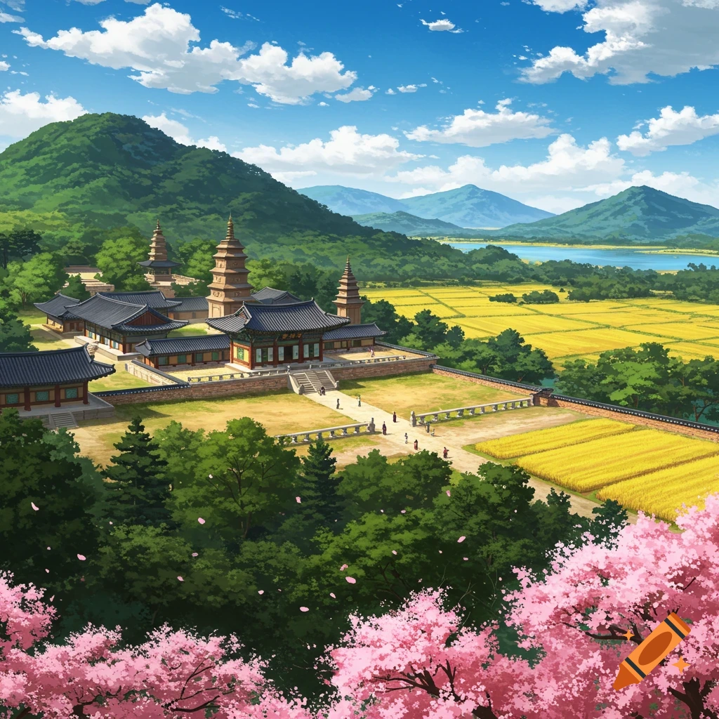 A vibrant anime-style landscape of a traditional Korean temple complex with pagodas surrounded by green mountains, yellow rice fields, a blue lake, and pink cherry blossoms.