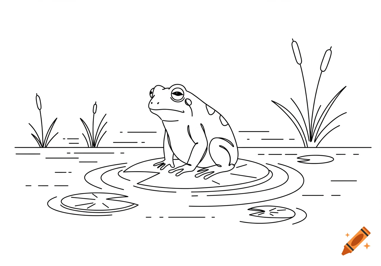 A sad-looking frog sits on a lily pad in a pond, surrounded by cattails, in a black and white line art style.