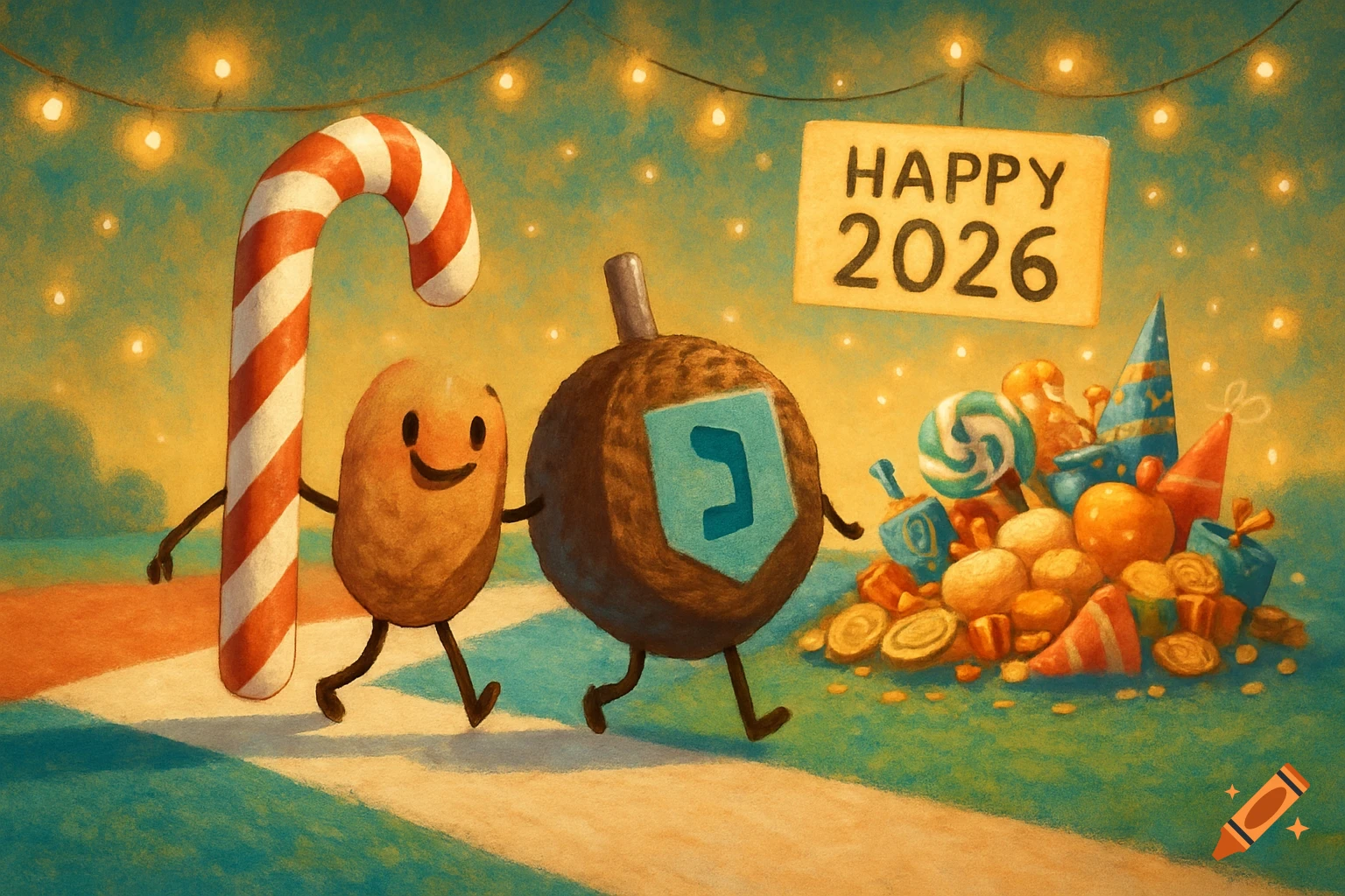 A candy cane and a dreidel character walk towards holiday treats under a "Happy 2026" sign in a festive illustration.
