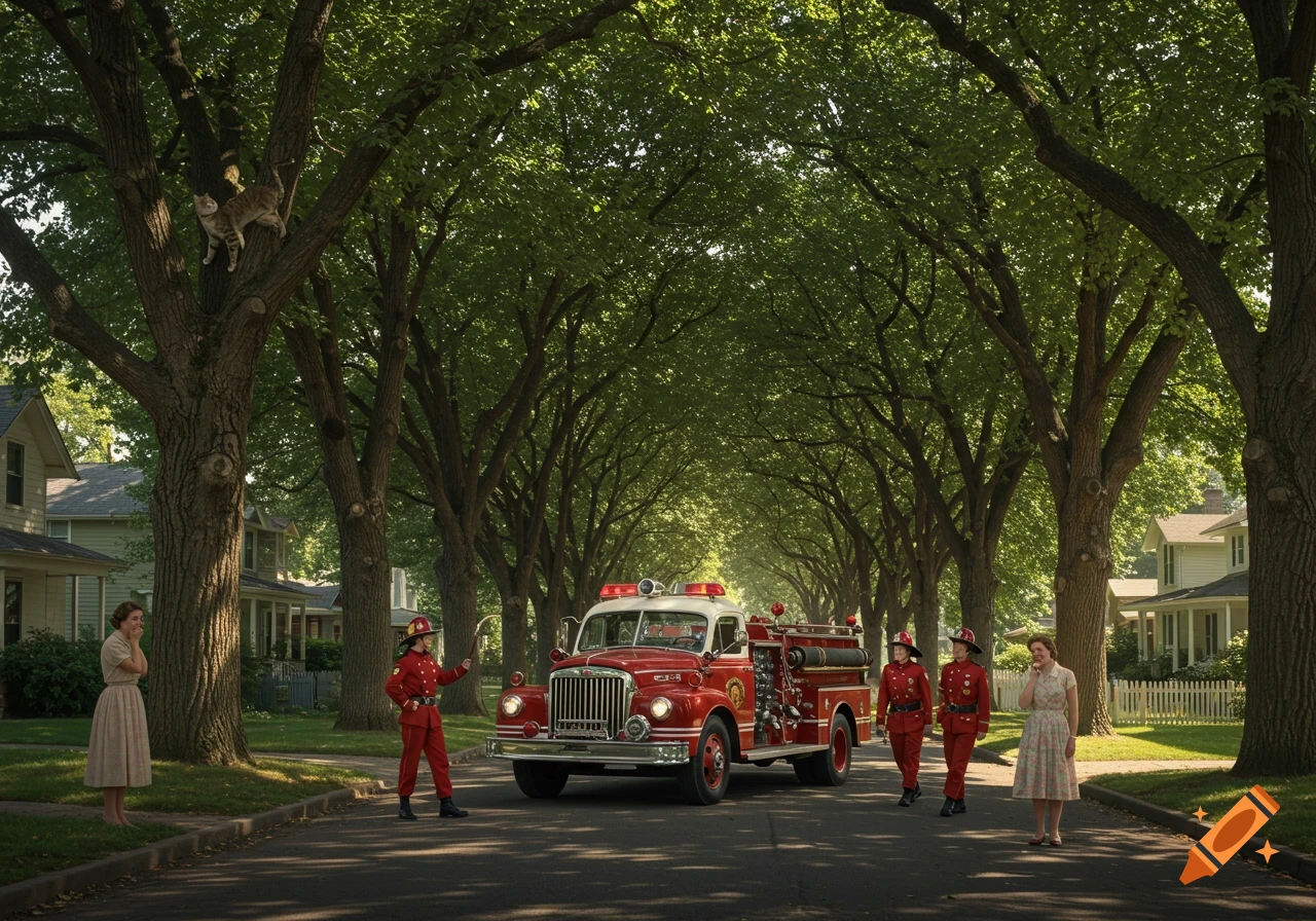 Photorealistic image of 1950s firewomen with a red fire truck on an elm-lined street, rescuing a cat from a tree, while a woman weeps nearby.