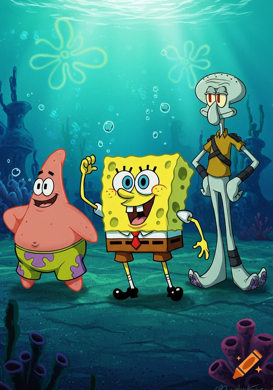 Spongebob, Patrick, and Squidward stand together in an underwater scene in an animated style.