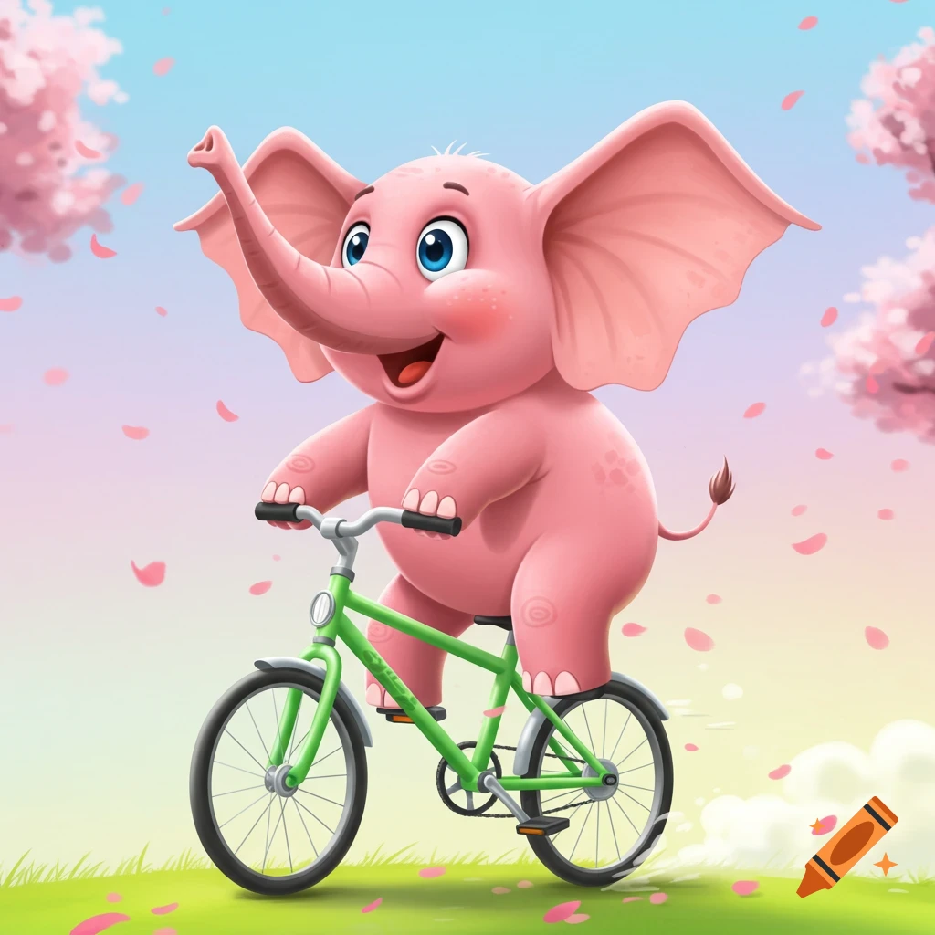 A happy pink cartoon elephant rides a green bicycle under falling pink cherry blossoms.