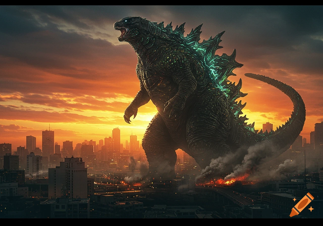 Giant Godzilla stomps through a city at sunset, surrounded by smoke and fire, in a photorealistic style.