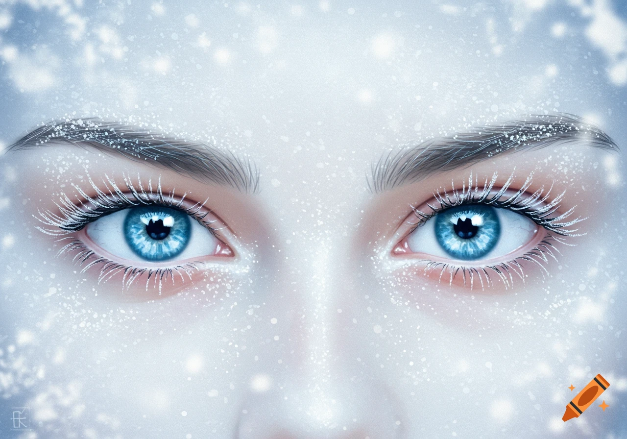 Digital painting of vibrant blue eyes with frosty white lashes and brows,  sparkling with snowflakes. on Craiyon, image size:1280x896