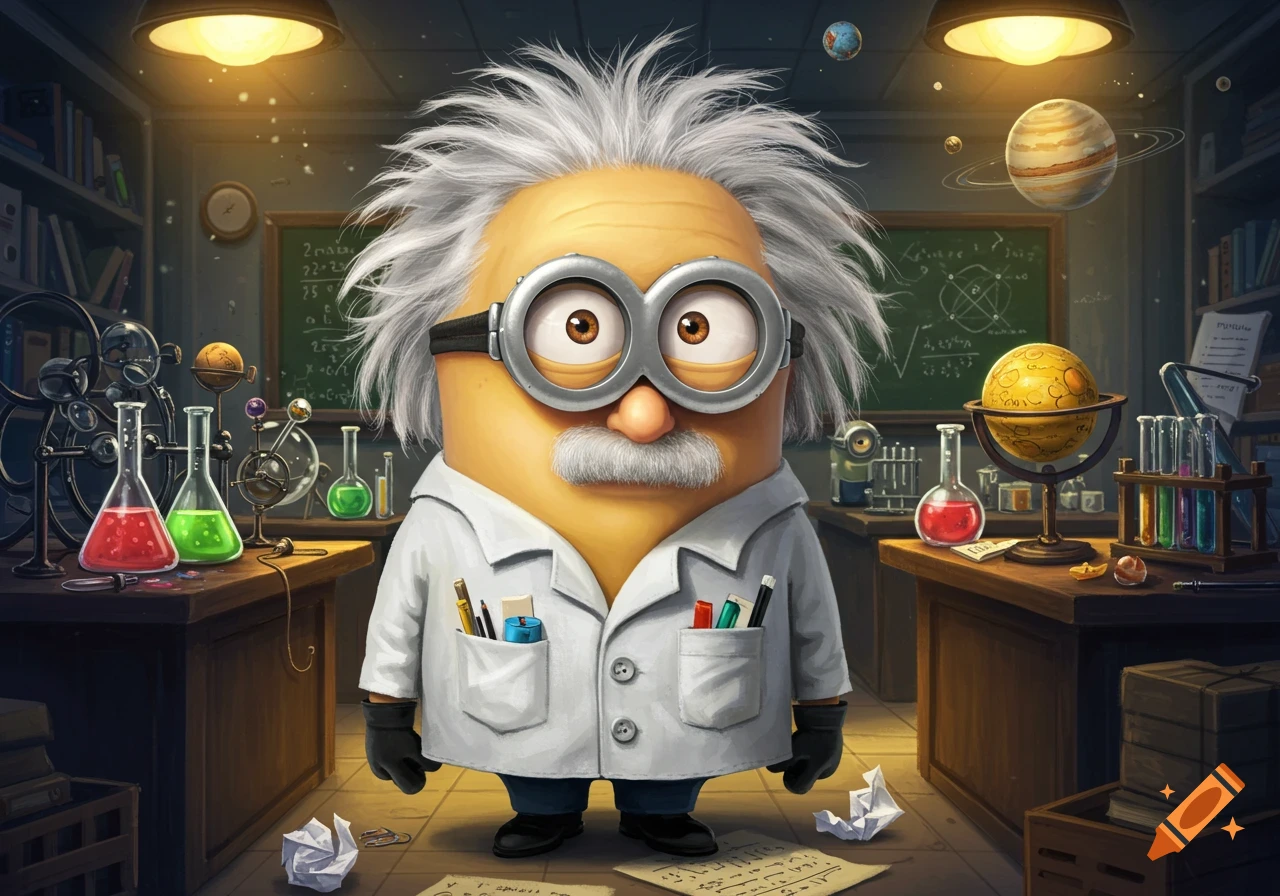 A cartoon Minion character dressed as Albert Einstein, with white hair and mustache, in a lab coat and goggles, stands in a science lab.
