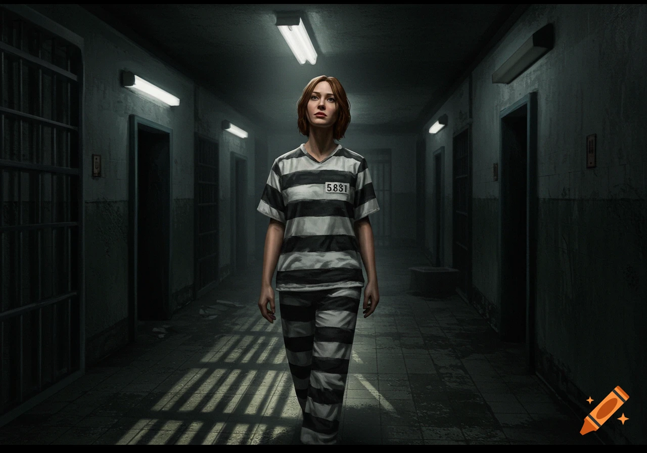 A woman in a striped prison uniform stands in a dark, grimy prison hallway, looking up with a somber expression.