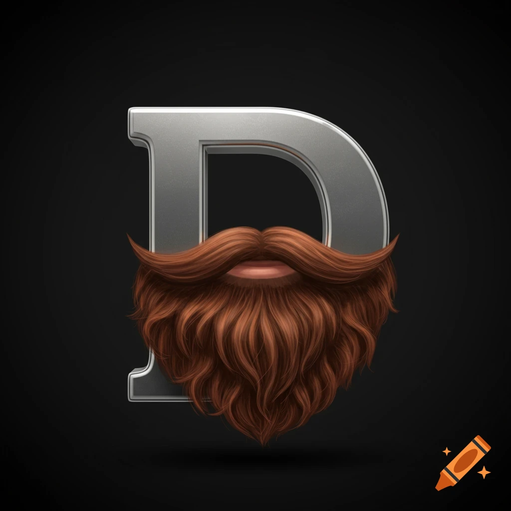 A stylized silver capital letter D with a realistic brown mustache and full beard attached, on a dark background.