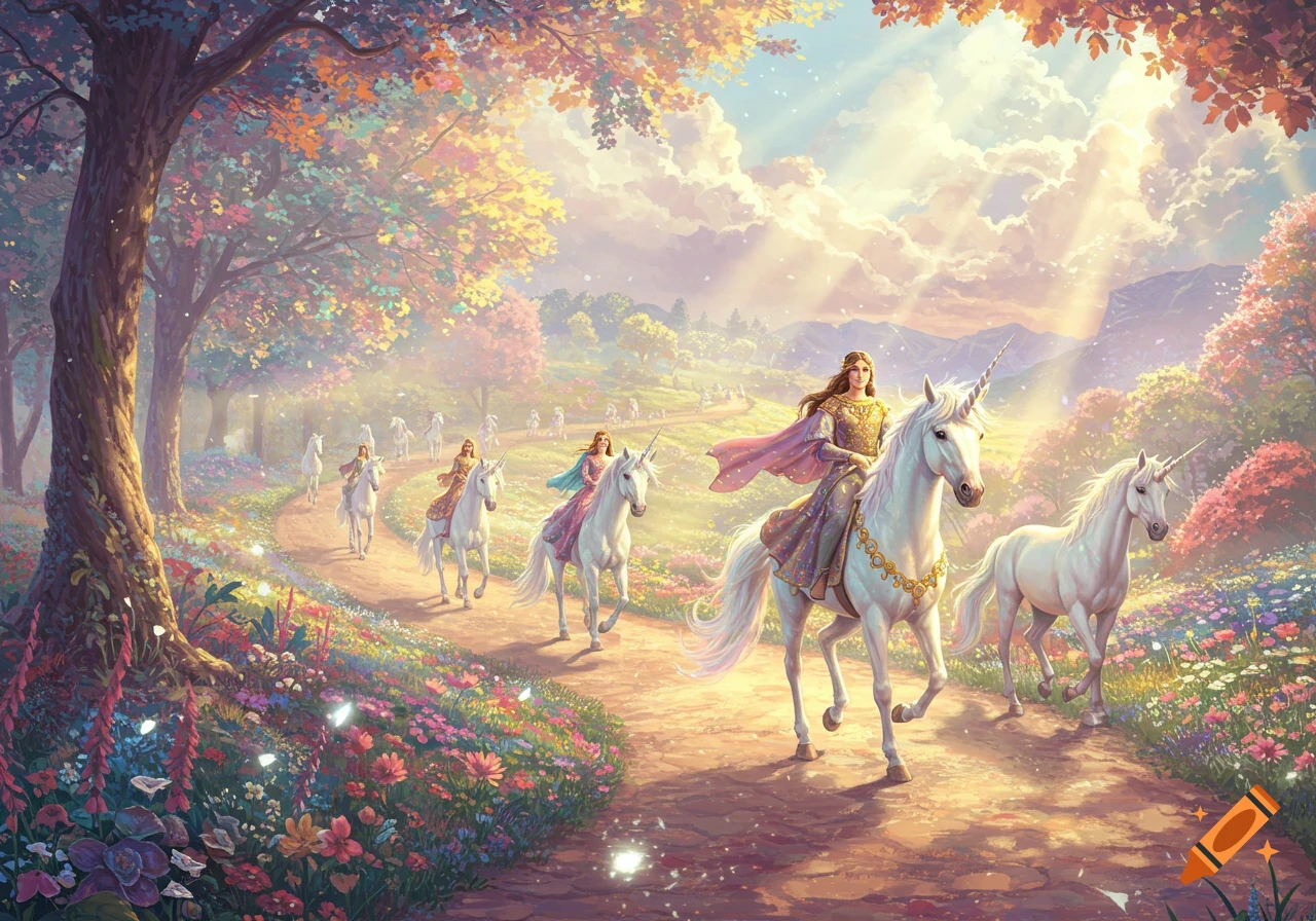 Multiple women ride white unicorns on a winding path through a brightly colored, flower-filled fantasy forest with sunlight streaming through trees.