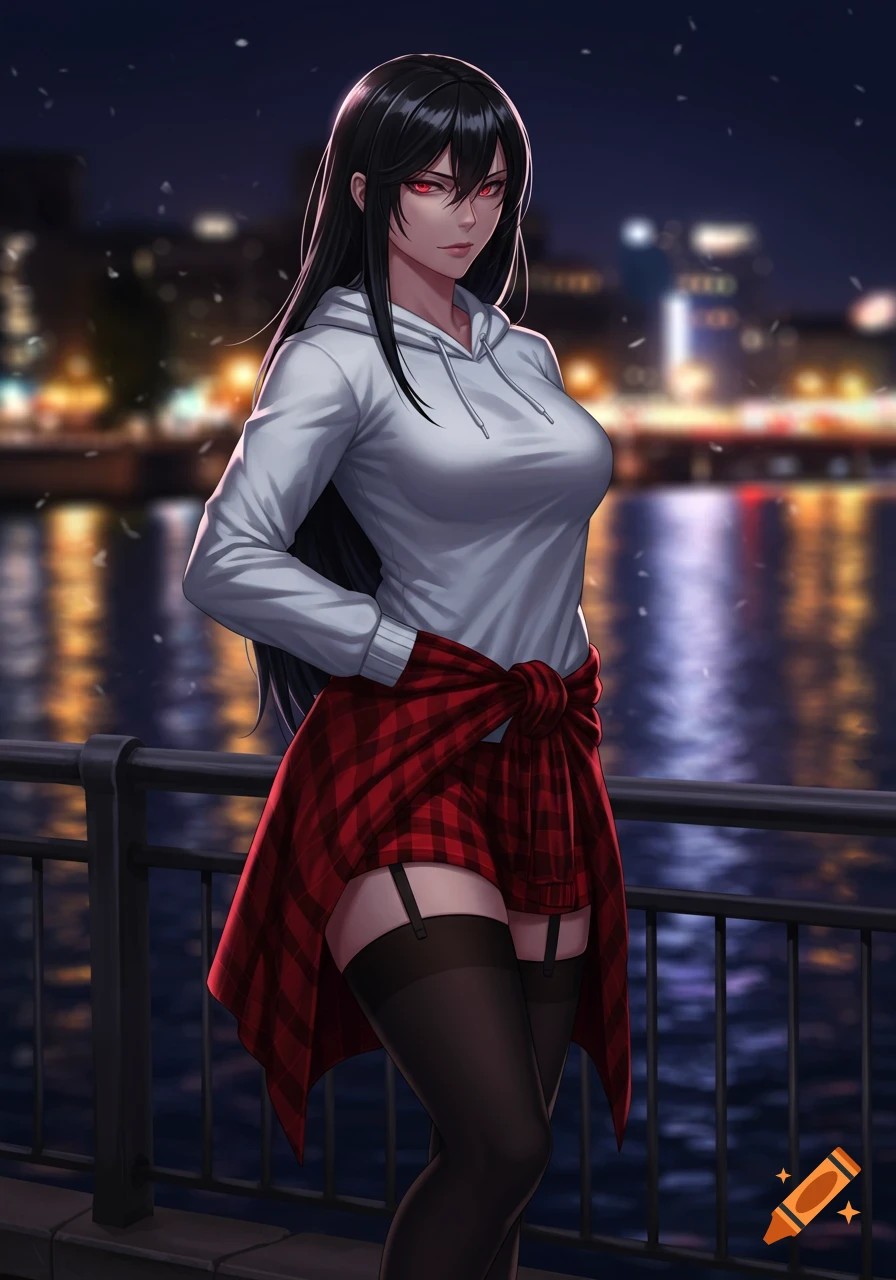 Anime woman with long black hair, red eyes, white hoodie, red plaid skirt, and black thigh-highs stands by a city river rail at night.