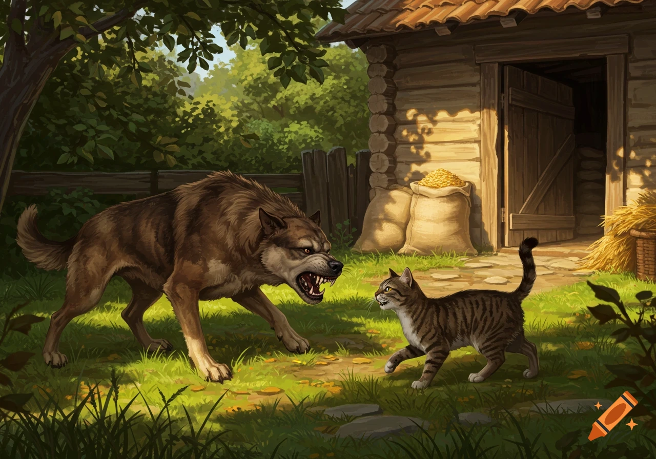 A brown, angry wolf-like dog with fangs bared faces off against a striped tabby cat on green grass in front of a rustic wooden house, digital illustration.