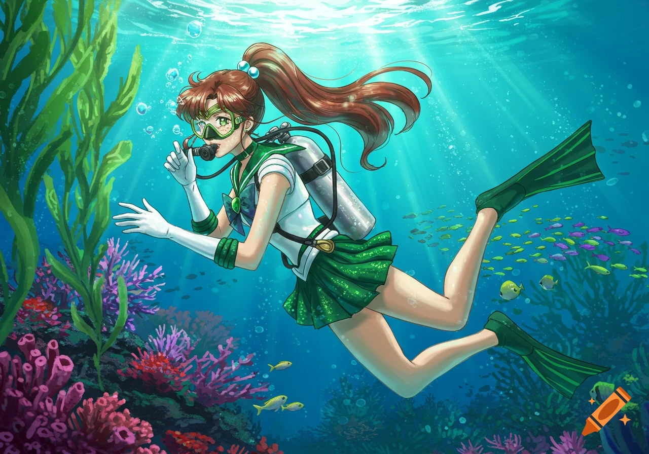 Anime character Sailor Jupiter in green sailor uniform and scuba gear, diving underwater amidst coral reefs and fish.