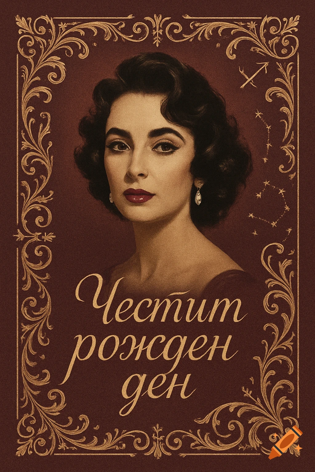 Vintage birthday card with a portrait of a woman, ornate gold frame, 'Happy Birthday' in Bulgarian, and a Sagittarius constellation.