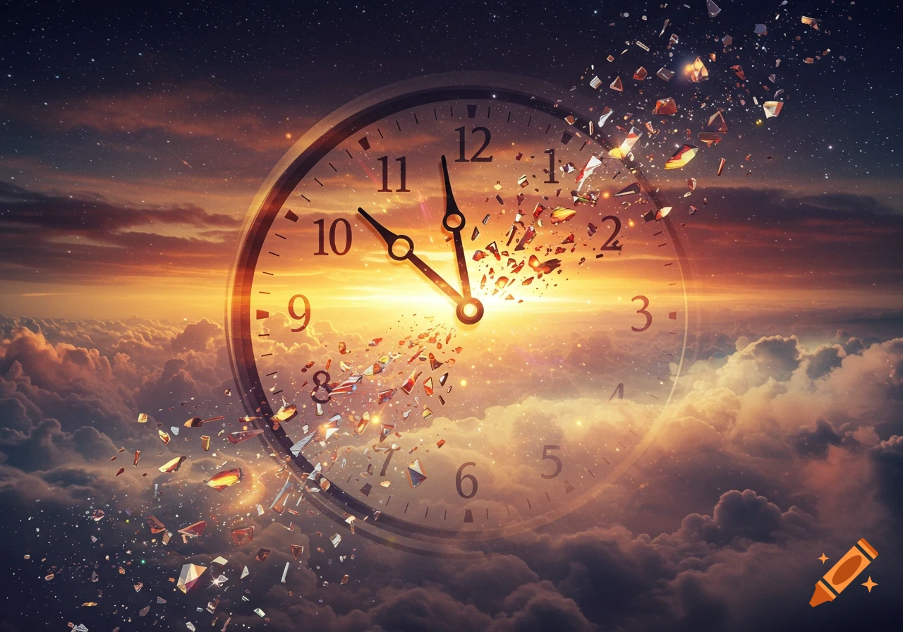 An artistic image of a large clock shattering into glowing shards above a dramatic sunset cloudscape.