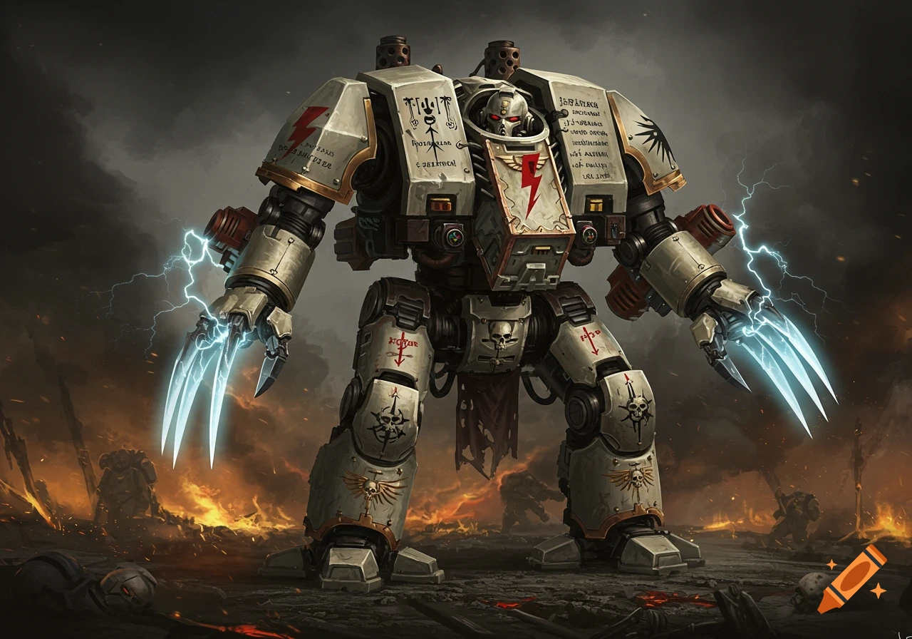 A bone-white heavily armored Contemptor Dreadnought robot with glowing lightning claws stands on a fiery, war-torn battlefield. It has red and black symbols and illegible text on its armor.