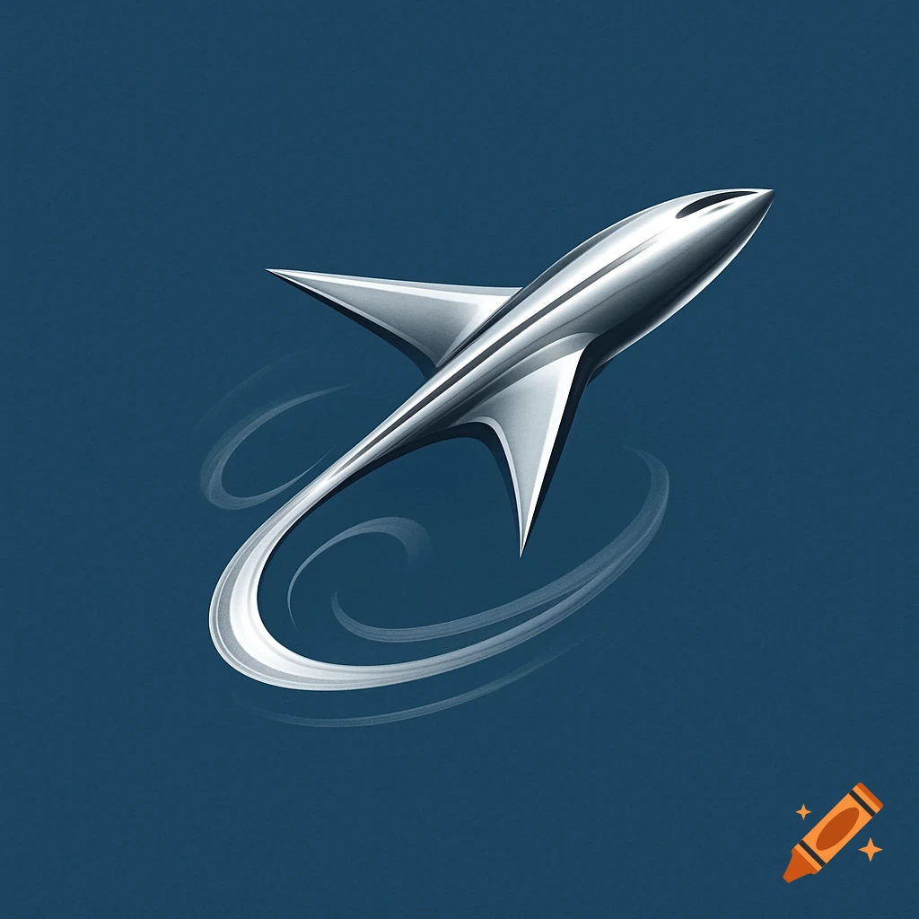 A sleek, metallic silver stylized rocket curves upward with white motion trails on a solid blue background. Logo art.