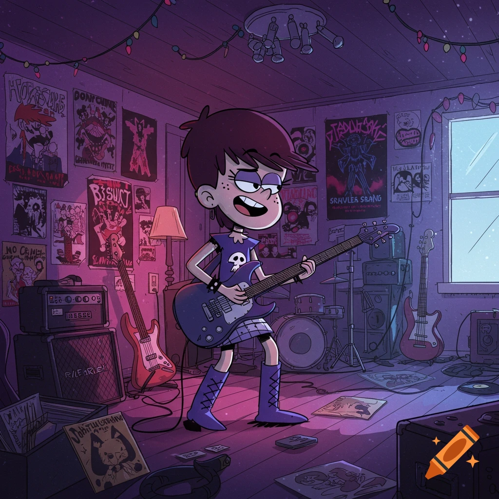 Luna Loud, a cartoon character, plays an electric guitar in her rock-themed room, illuminated by purple and blue light in a cartoon style.