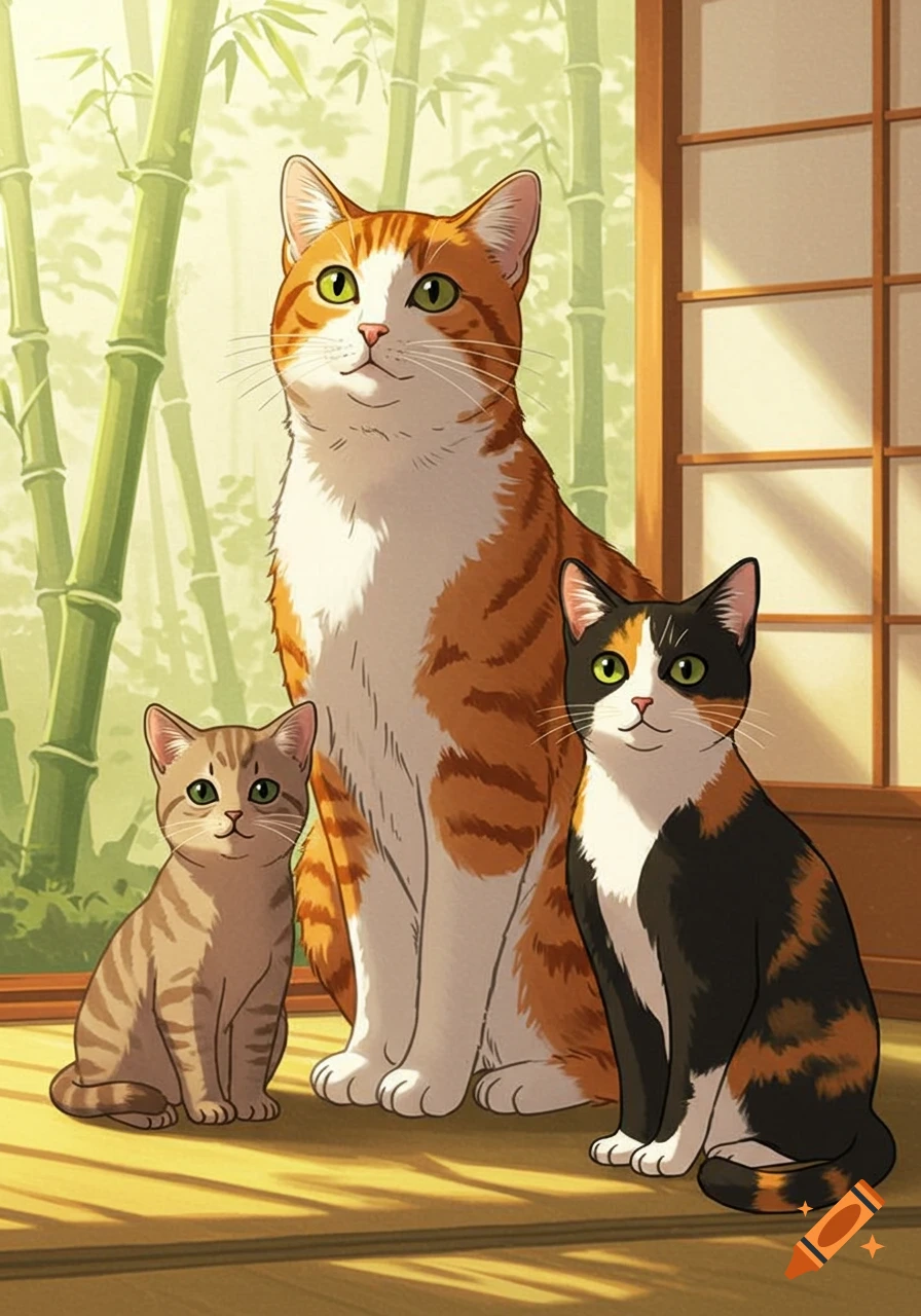 Three cartoon-style cats, a large orange tabby, a small brown tabby, and a calico, sit on a wooden floor with bamboo in an anime style.