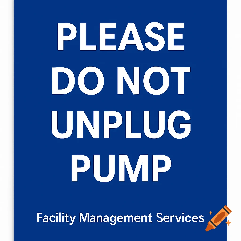 A royal blue sign with white bold text reading 'PLEASE DO NOT UNPLUG PUMP' and 'Facility Management Services'.