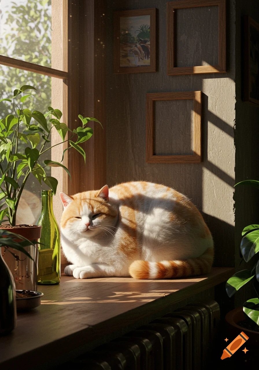 A fluffy orange and white cat sleeps on a sunlit wooden windowsill, surrounded by green potted plants and framed abstract art.