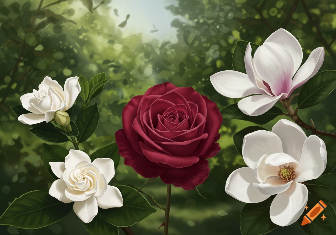 A vibrant red rose centered among white gardenias and magnolias against a soft, blurry green background.