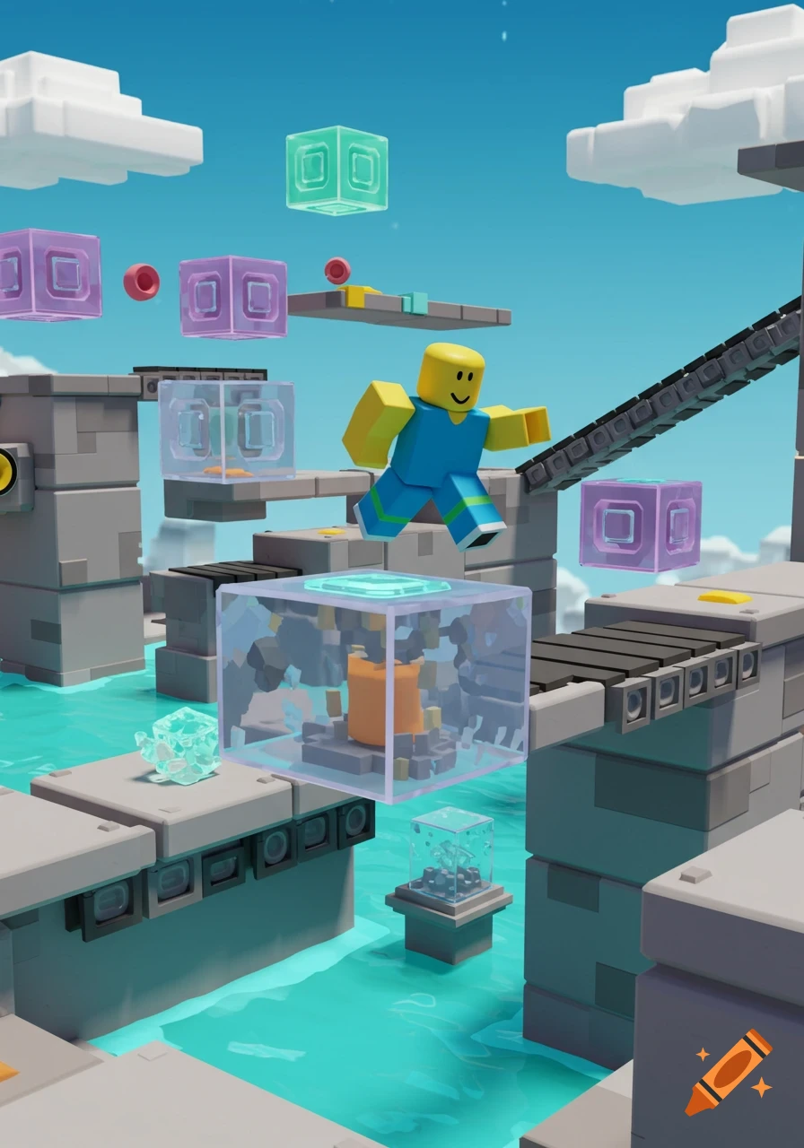 A 3D Roblox noob character runs across floating block platforms in a bright sky and water obby course.