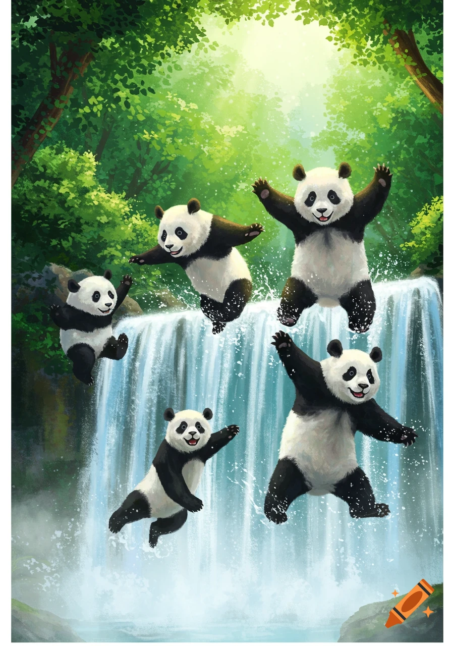 Five cartoon pandas jump and splash happily in front of a tall waterfall with lush green trees. Illustrated style.