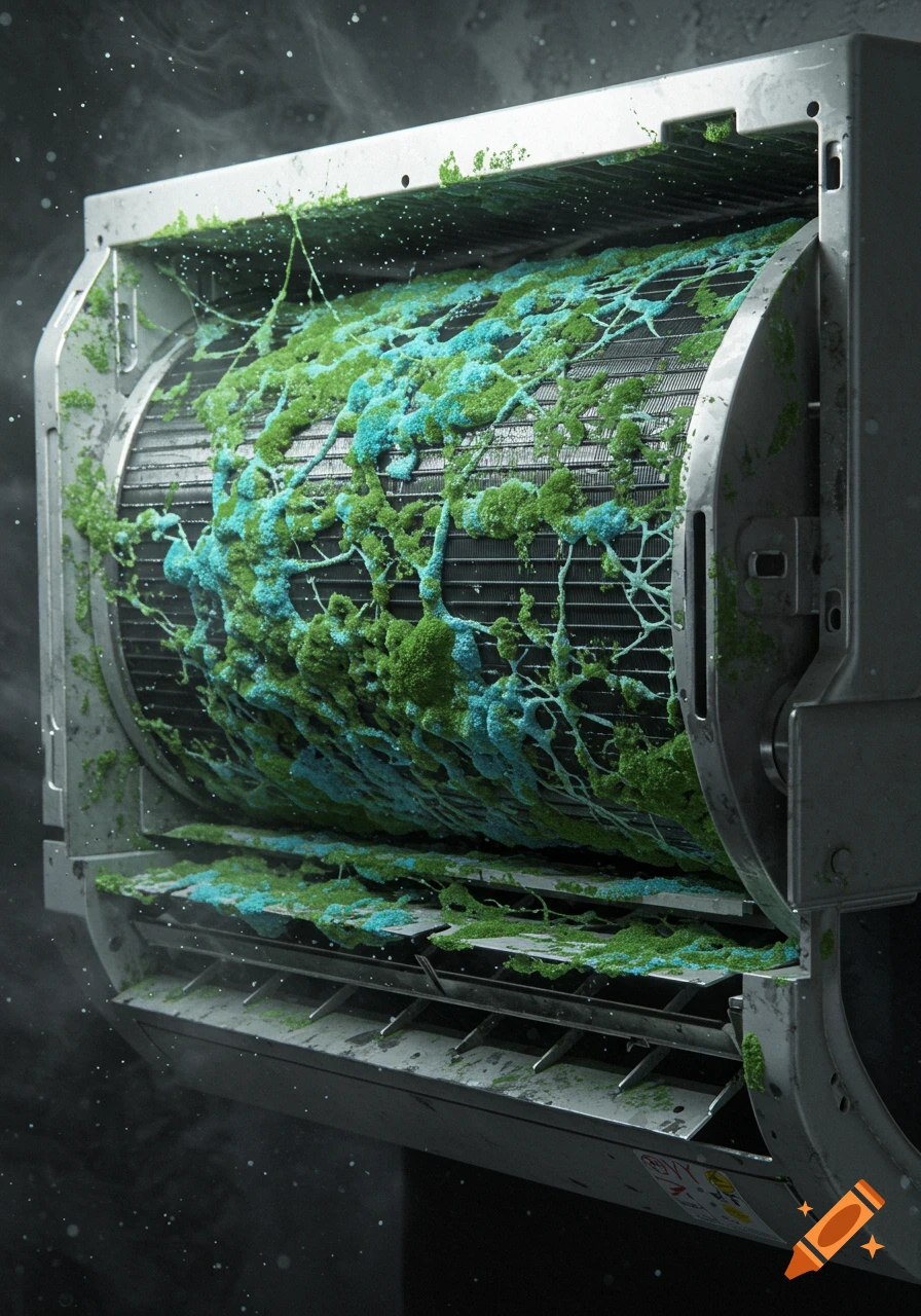 Photorealistic close-up of an air conditioner unit with dense green and blue mold growth on its internal fan and coils.