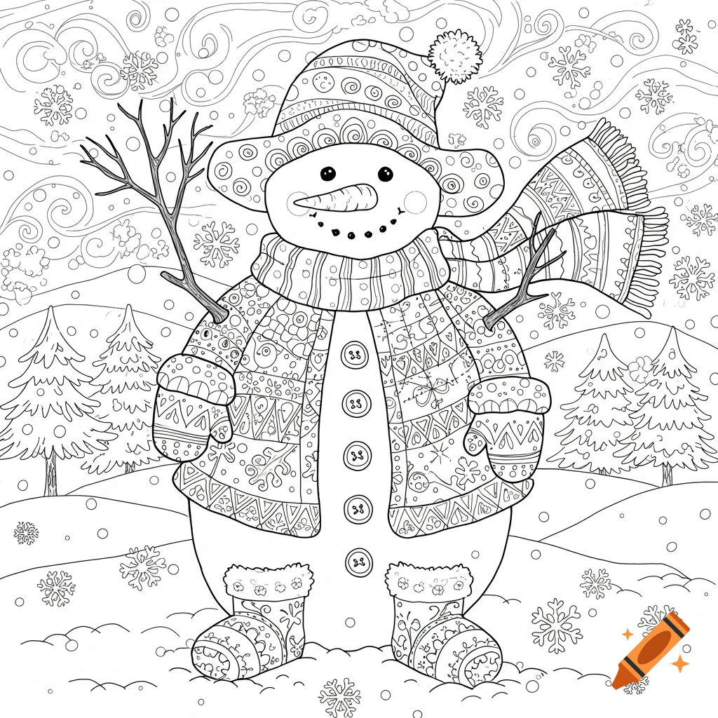 Line art coloring page of a detailed snowman wearing a patterned hat, scarf, jacket, and boots, standing in a snowy winter scene.