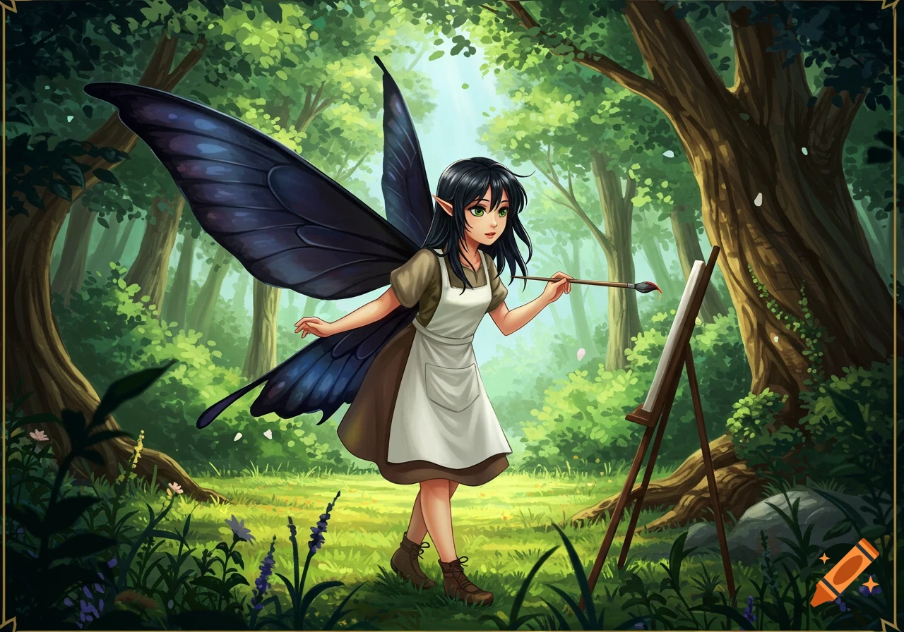 An anime-style fairy with large black wings and dark hair, wearing an apron, paints on an easel in a lush green forest.