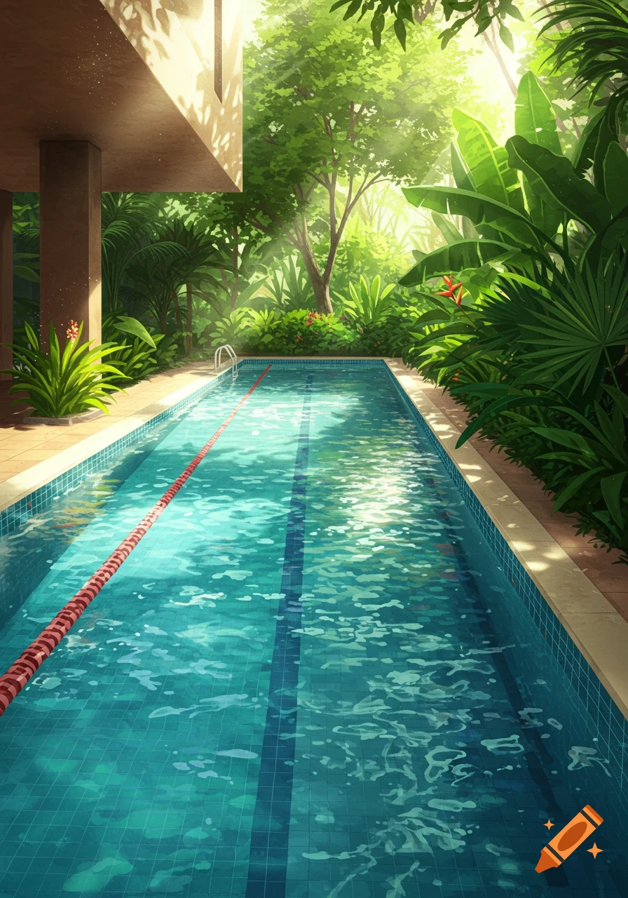 An anime-style illustration of a long swimming pool surrounded by dense tropical plants and a building under bright sunlight.