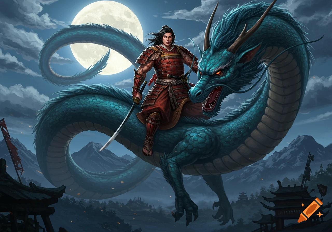 A samurai warrior in red armor rides a large teal dragon under a full moon, flying above traditional Japanese buildings and mountains, digital art.