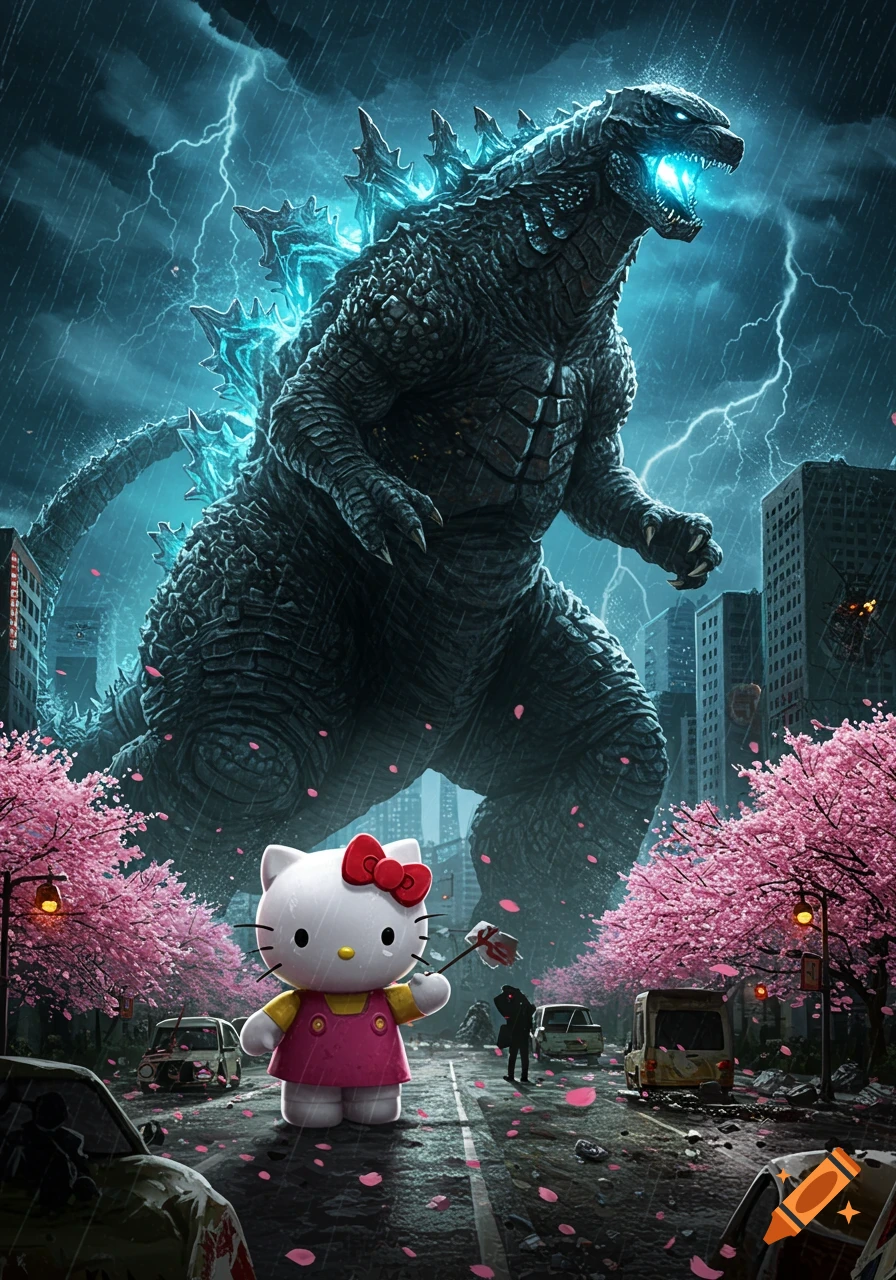 Godzilla looms over a rainy, destroyed city street as Hello Kitty stands holding a broken umbrella amidst cherry blossoms and wrecked cars.