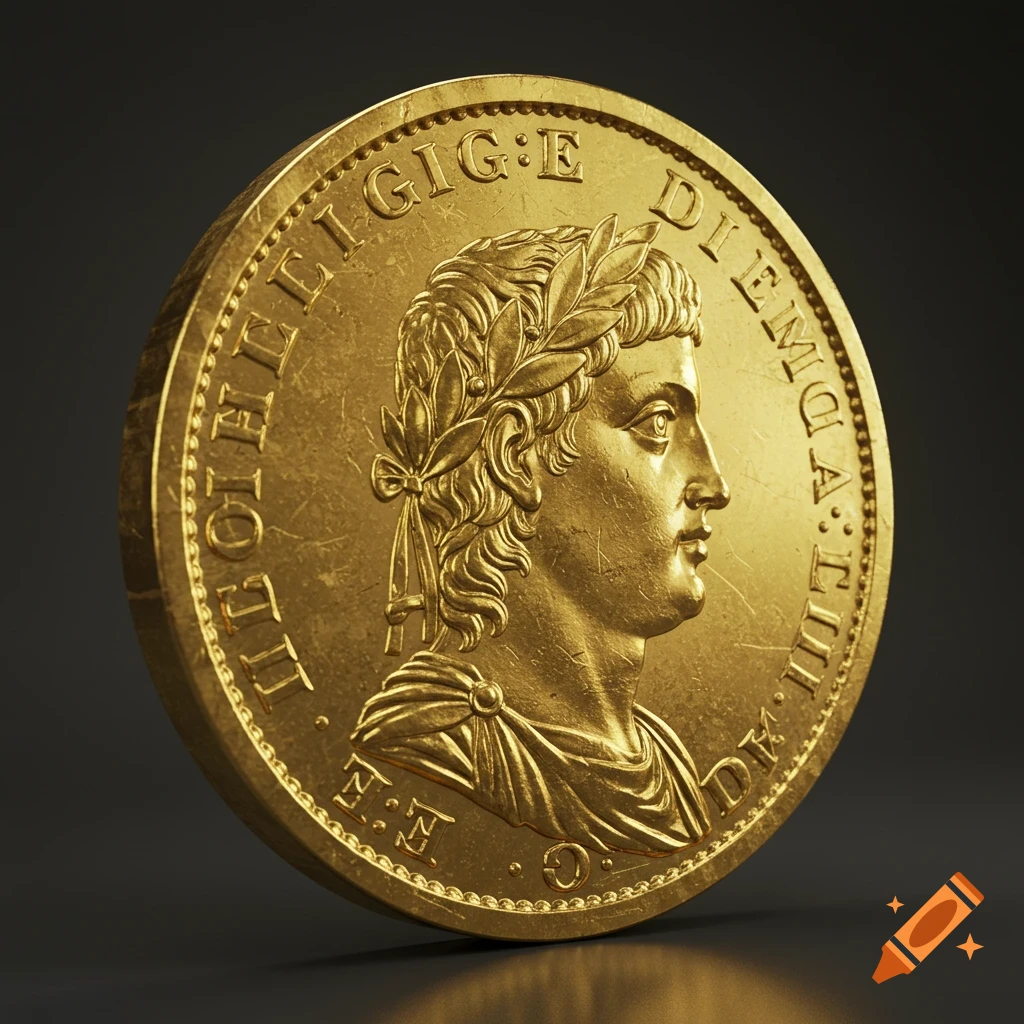 A gleaming gold coin with a profile of a person in a laurel wreath and inscribed text.
