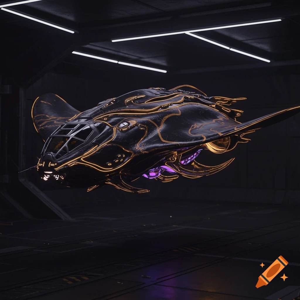 A sleek, black and gold futuristic spaceship with violet accents hovers in a dark hangar.