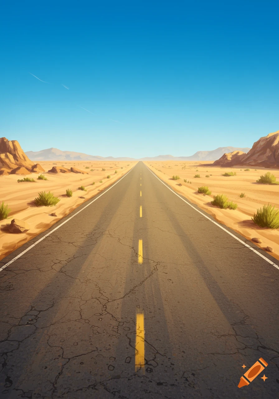 A straight desert road stretches into the distance under a clear blue sky, with rocky hills on the horizon in a cartoon style.