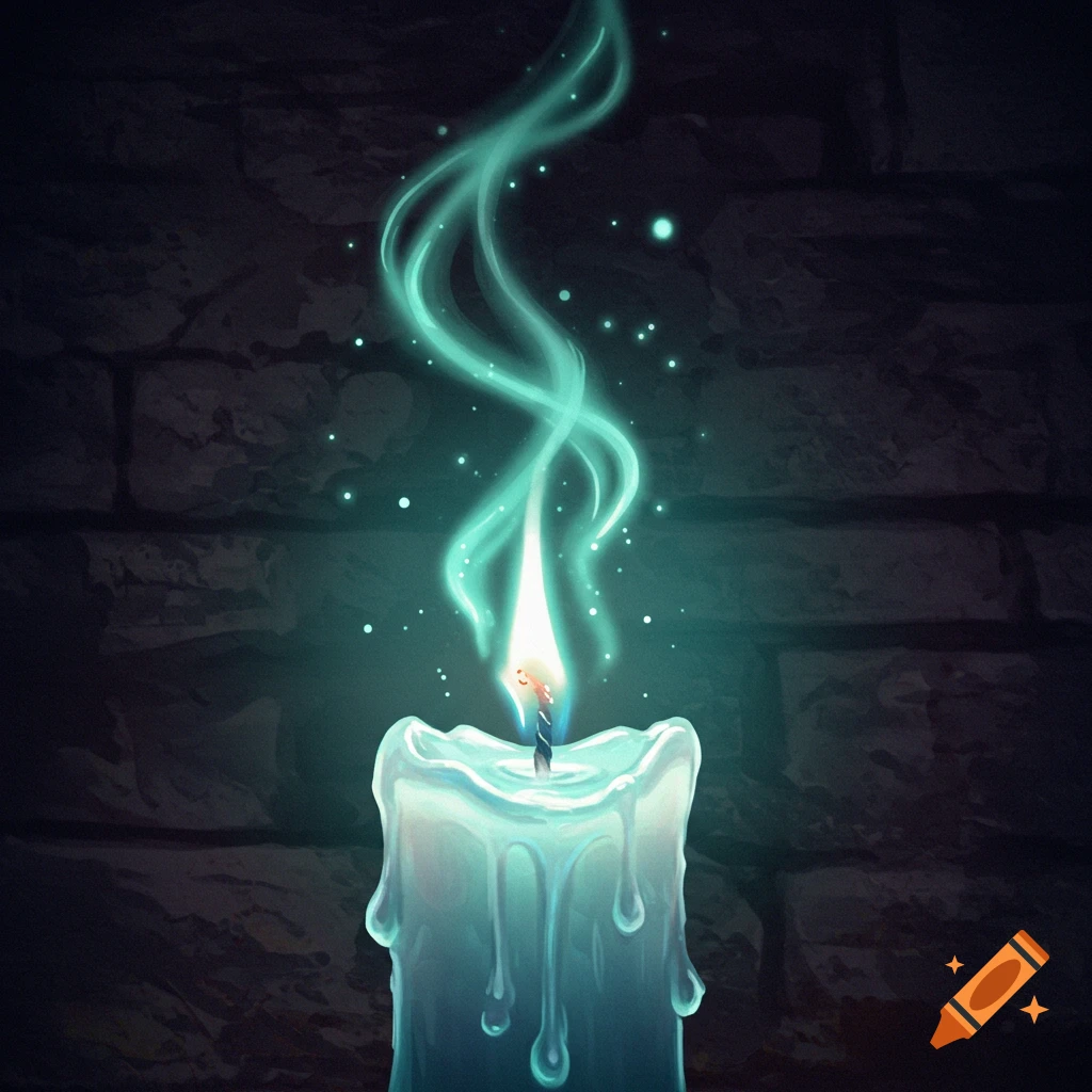A glowing blue candle with ethereal teal smoke rising against a dark brick wall.
