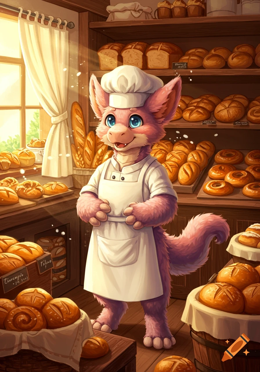 A friendly pink furry baker in a chef's hat and apron stands in a rustic bakery filled with various types of bread and pastries.