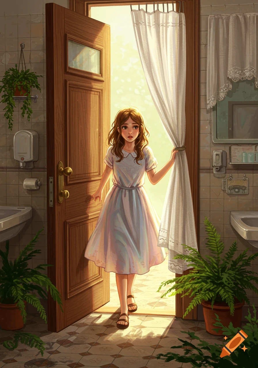A digital illustration of a young girl in a white dress opening a wooden door, stepping from a tiled bathroom into bright light.