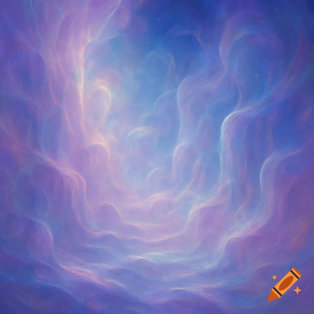 A vibrant abstract nebula with swirling patterns of purple, pink, and blue colors, resembling cosmic dust clouds with faint stars.