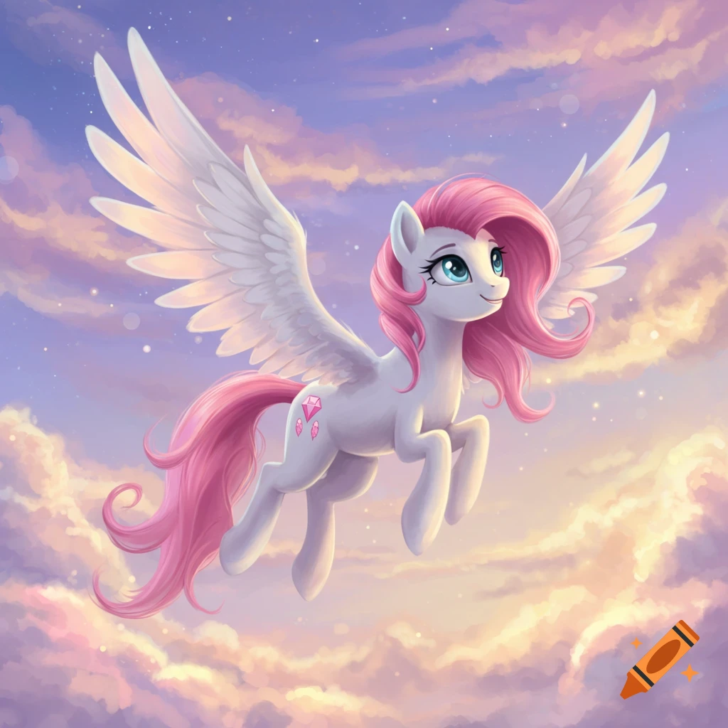 A white pegasus pony with a hot pink mane and tail, light blue eyes, and pink diamond cutie mark flies through a pink and purple sky.