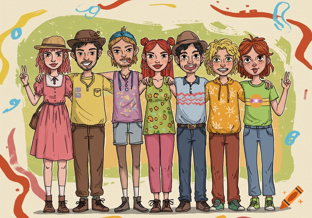 Seven diverse cartoon characters stand embracing in a colorful doodle art style, making peace signs.