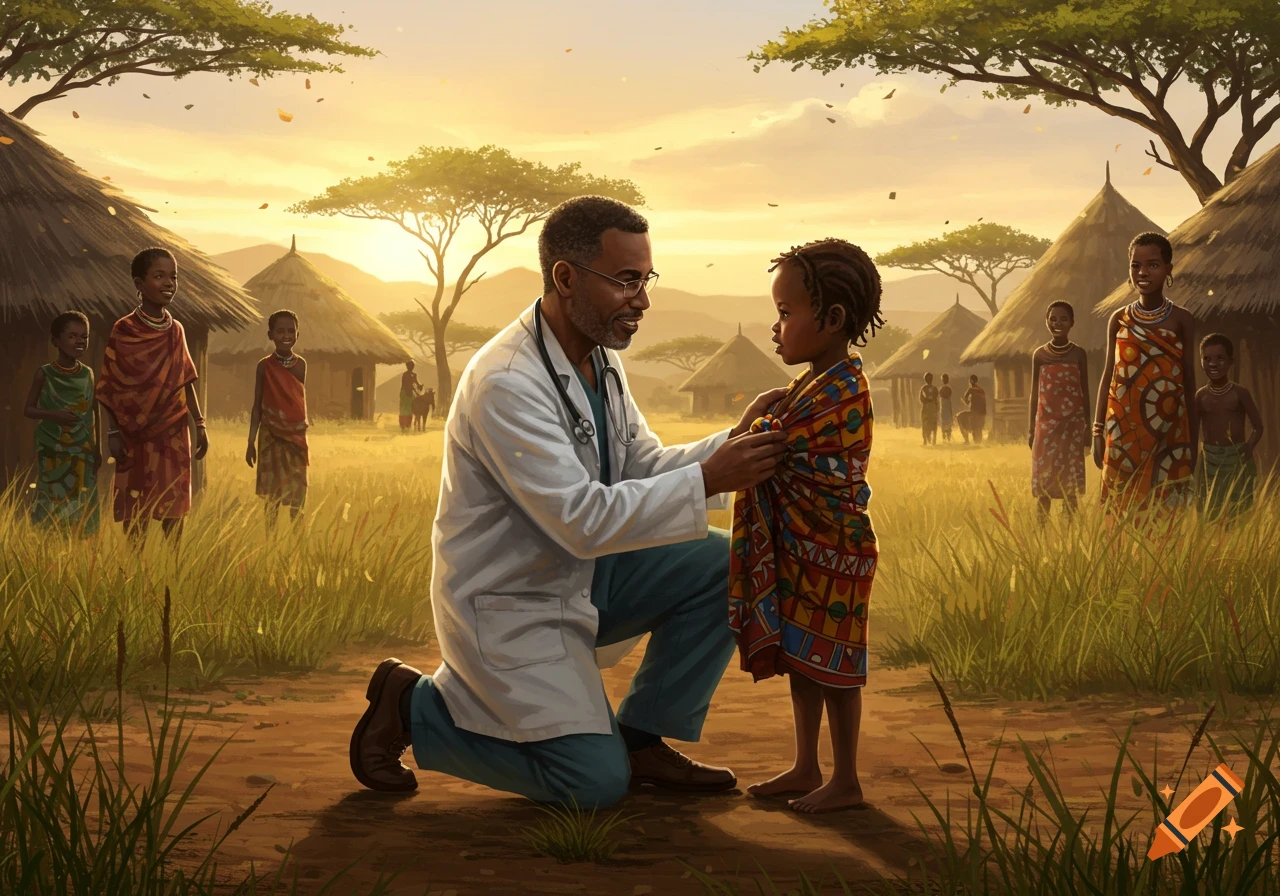 A doctor kneels to examine a child wrapped in a colorful blanket in an African village, surrounded by huts and savanna trees at sunset.