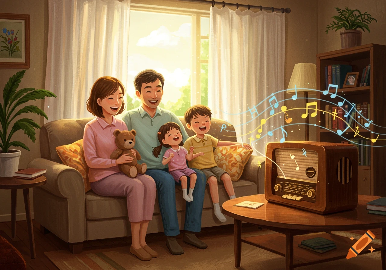 A happy cartoon family sits on a couch in a sunlit living room, smiling as they listen to music from a vintage radio.