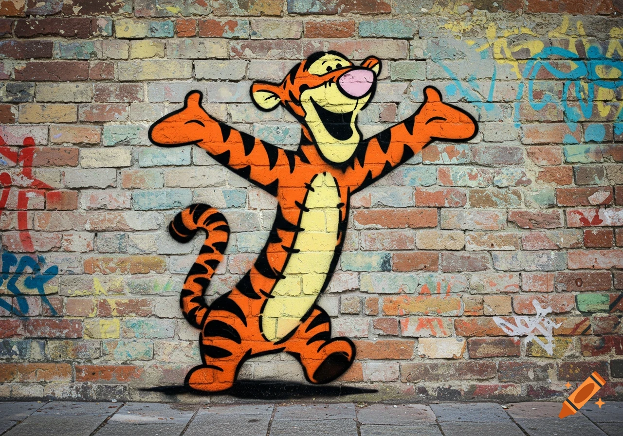 A Tigger graffiti stencil on a multi-colored brick wall covered in other tags, with a sidewalk below.