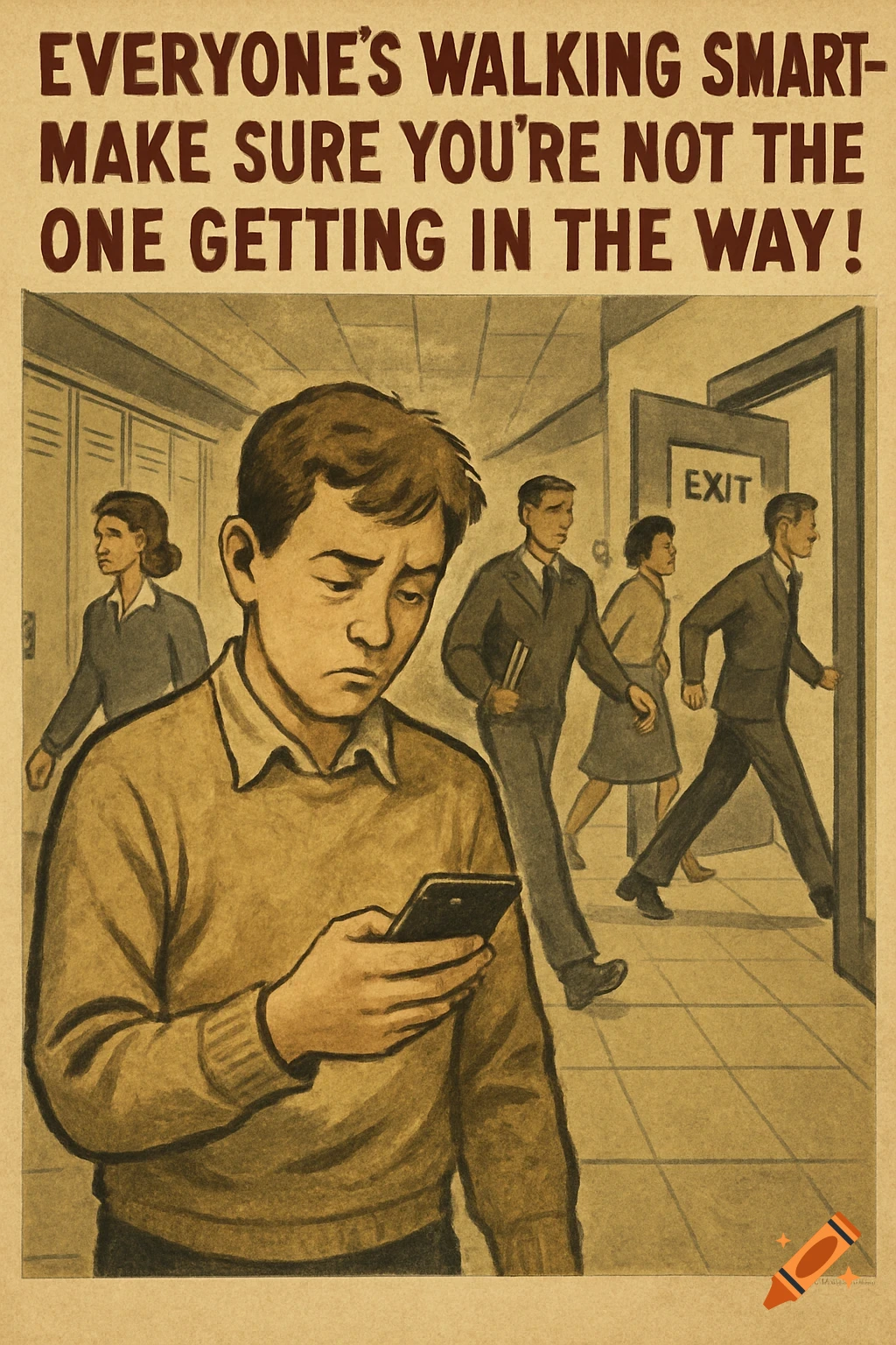 A vintage propaganda poster shows a student absorbed in a phone in a busy school hallway, while other students walk past and exit. Text reads, "EVERYONE'S WALKING SMART—MAKE SURE YOU'RE NOT THE ONE GETTING IN THE WAY!"