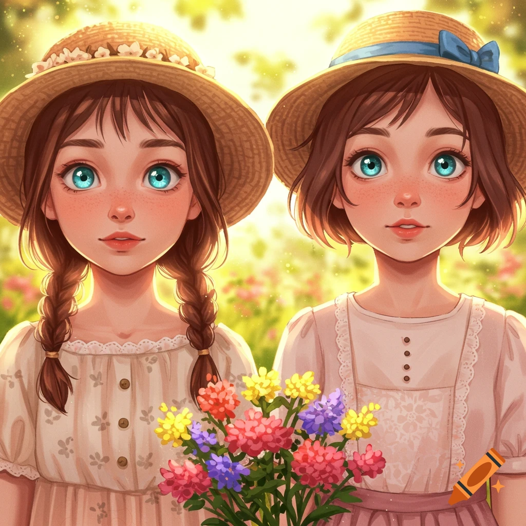 Stylized illustration of two young girls in straw hats holding a bouquet of colorful flowers in a sunny garden.