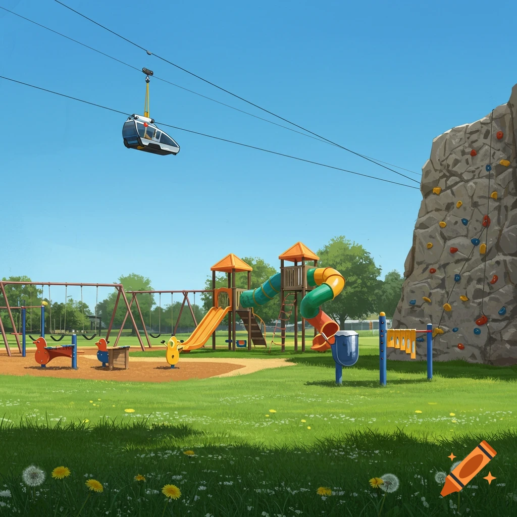 An illustrated park with a playground featuring slides, swings, a rock climbing wall, and a zipline under a blue sky.