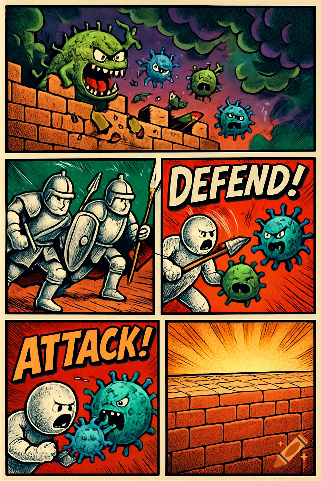 A cartoon comic strip showing viruses and bacteria attacking a brick wall, then white blood cells fighting back, with 'DEFEND!' and 'ATTACK!' text.