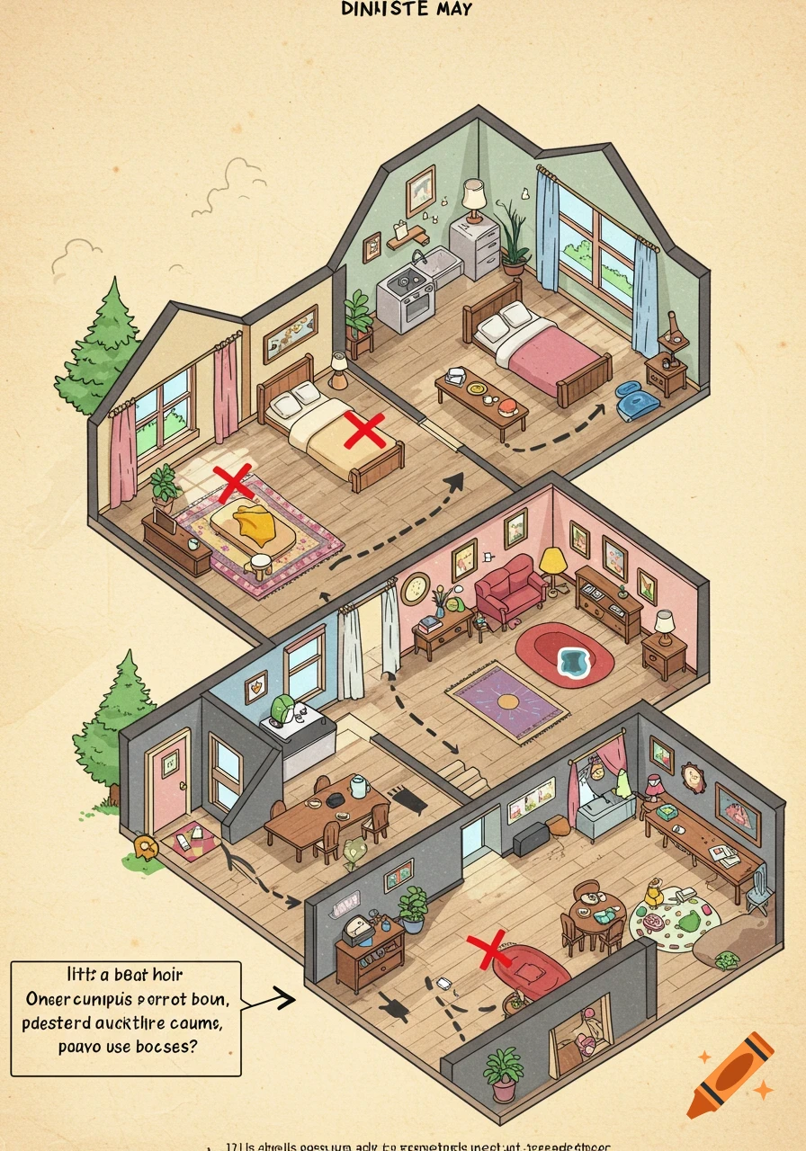 An isometric, comic-style treasure map of a two-story house, showing a path with arrows. Several rooms are marked with a red X. The house contains bedrooms, a kitchen, a living room, and a dining room, all with colorful furniture and details.